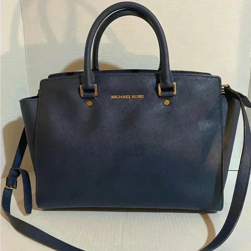 Michael kors navy blue saffiano leather satchel handbag